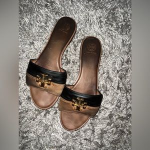 Tory Burch worn Everly Slide Black Leather Tan Suede Sandals